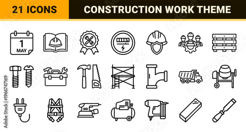 Industrial Labor and Construction Engineering Line Art: Minimalist Monoline Geometric Outlines for Professional Project Management.