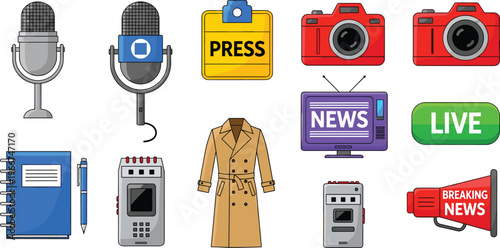 Journalism and News Icons Set Featuring Microphone, Camera, Press Badge, TV, Breaking News, Live Stream, and Reporter Gear for Media Concepts