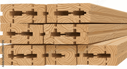 Stacked wood logs with interlocking joints, natural grain pattern