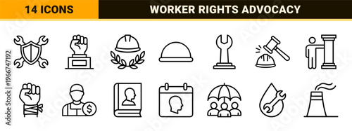 Labor Force and Industrial Employment Minimalist Monoline Icons. Geometric Line Art for Trade Unions, Workers Rights, and Construction.
