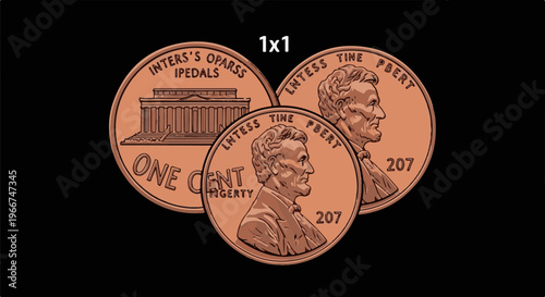 Three stylized copper pennies, each with a portrait and building, arranged in a cluster