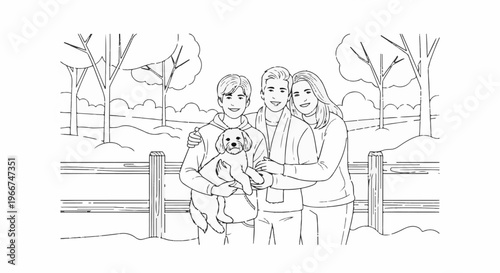 Three smiling people and a dog posing for a picture in a snowy landscape