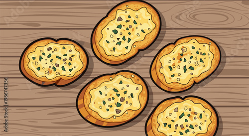 Toasted bread slices with cheese and herbs on a wooden table