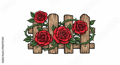 Wooden fence with red roses and thorny vines
