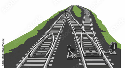 Perspective view of a complex railway junction with multiple tracks and switches
