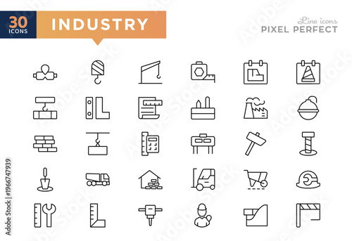  Industry line icon set. Labor, worker, tools, factory, build, builder, helmet, excavator, roller, spatula, wheelbarrow, project, outline icon pack. Vector stroke icons
