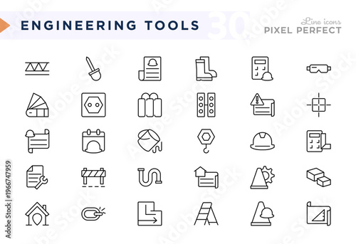 Engineering tools line icon set. Labor, worker, actory, build, builder, helmet, industry outline icon pack. Vector stroke icons