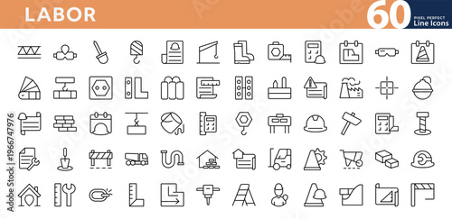 Labor line icon set. Worker, tools, factory, build, builder, helmet, excavator, roller, spatula, wheelbarrow, project, industry icon pack. Vector stroke icons