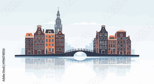 A pixelated, stylized cityscape with narrow, tall buildings along a canal and a bridge