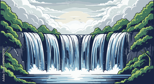 A pixelated waterfall plunges into a tranquil pool surrounded by lush green trees