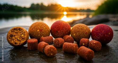 A close-up view of textured fishing bait, featuring vibrant red and earthy brown round boilies, alongside smaller cylindrical pellets, meticulously arranged on a damp dark surface, highlighting their