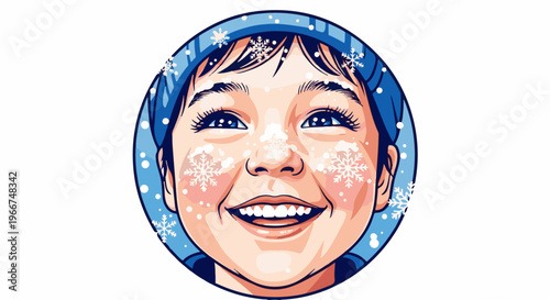 Joyful child with snowflakes on face and blue hat