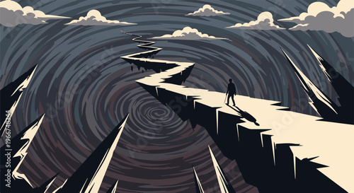Lone figure walks a precarious path through a swirling, dark, and stormy landscape