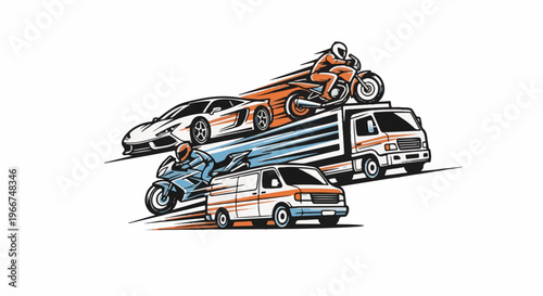 Dynamic illustration of racing vehicles and delivery vans in motion