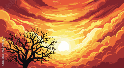 A solitary bare tree silhouetted against a fiery sunset sky