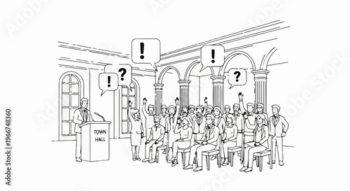 A speaker addresses a crowd in a town hall meeting where some raise hands