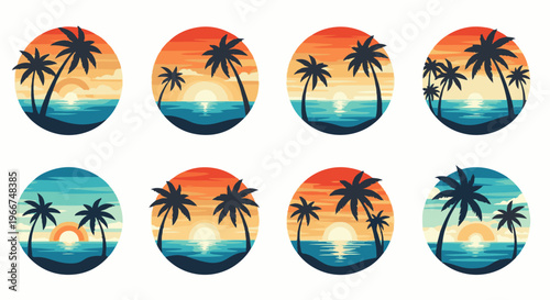 Eight circular retro-style beach scenes with palm trees at sunset or sunrise
