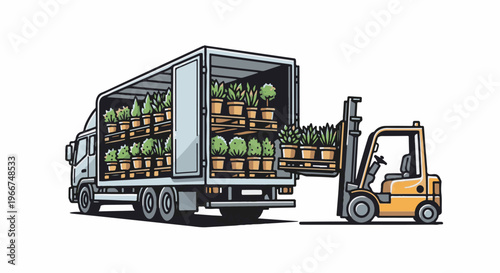 Forklift loading potted plants into a delivery truck