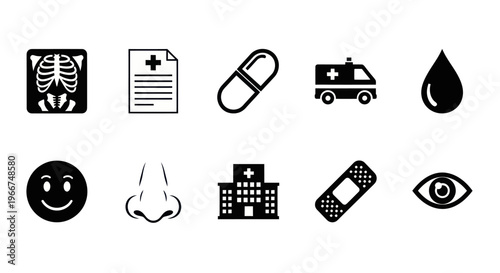 Medical Healthcare Icons Set: X-ray, Hospital, Ambulance, Pill, Eye, Nose