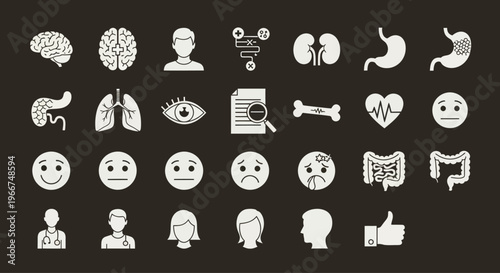 Medical Icons and Health Symbols Set: Brain, Lungs, Heart, Kidneys, Stomach, Emotions