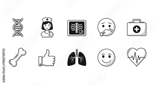 Medical Icons: DNA, Nurse, X-ray, Lungs, Heartbeat, Bone, Thumbs Up, First Aid Kit