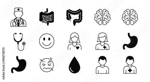 Medical Icons: Doctor, Brain, Stomach, Intestines, Stethoscope, Face, Blood Drop