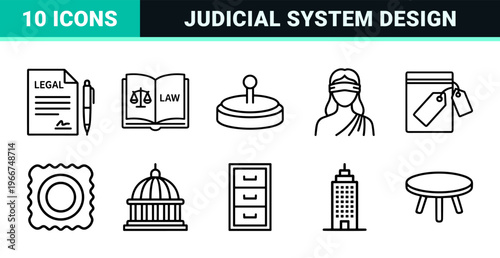 Legal and Justice System Minimalist Monoline Icon Set featuring Gavel, Scales of Justice, and Law Documents in Geometric Line Art Style.