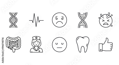 Medical Icons: DNA, Heartbeat, Sad Face, Virus, Intestines, Nurse, Tooth, Thumbs Up