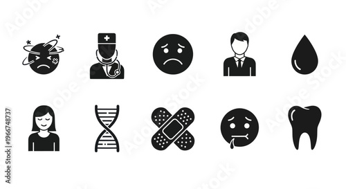 Medical Icons: Doctor, DNA, Bandages, Tooth, Sad Faces, Blood Drop