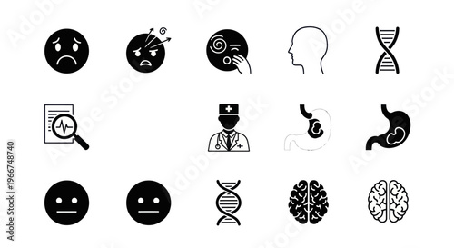 Medical Icons: Emotions, Health, DNA, Brain, Doctor, Stomach, Head Silhouette
