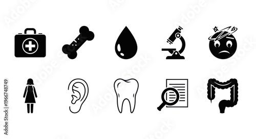 Medical Icons: First Aid, Bone, Blood, Microscope, Headache, Woman, Ear, Tooth, Research, Colon