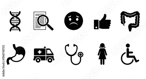 Medical Icons: DNA, Research, Sad Face, Thumbs Up, Colon, Stomach, Ambulance, Stethoscope, Woman, Wheelchair