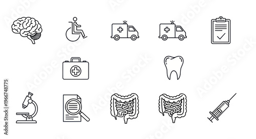 Medical Icons Set: Brain, Ambulance, Tooth, Microscope, Syringe, Intestines, Clipboard