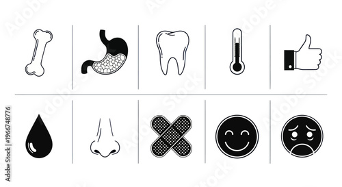 Medical Icons Set: Bone, Stomach, Tooth, Thermometer, Bandage, Nose, Emoticons