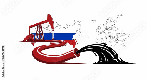 Oil pump transfers crude over Russian flag toward Europe map