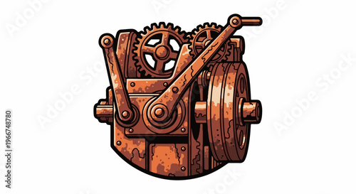 Ornate, rusty mechanical apparatus with interlocking gears and levers