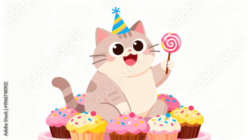 A cute cartoon kitten celebrates a happy birthday with a sweet cake and heart decorations in this funny animal vector illustration gift card design