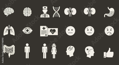 Medical Icons Set: Brain, Doctor, DNA, Kidneys, Stomach, Lungs, Eye, Health Record, Emotions