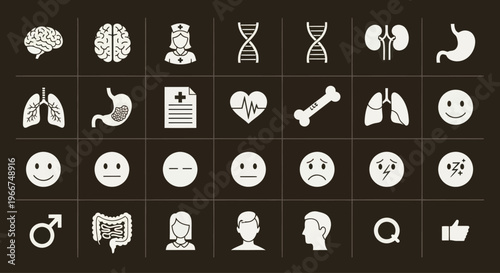 Medical Icons: Health, Science, and Human Body Symbols on Dark Background