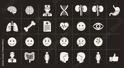 Medical Icons Set: Brain, Doctor, DNA, Kidneys, Lungs, Heart, Eyes, Emotions, Human Body Parts