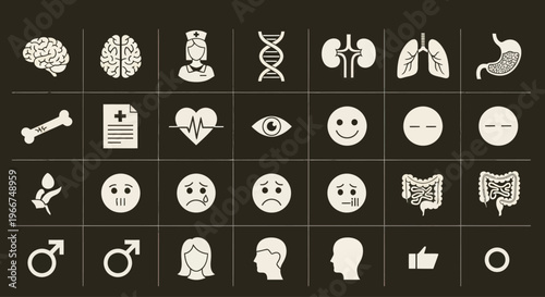 Medical Icons: Healthcare Symbols, Human Organs, Emotions, and Health Concepts
