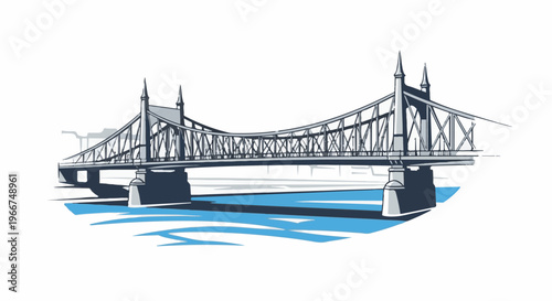 Ornate suspension bridge spans a tranquil blue river with distant hazy structures