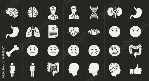 Medical Icons Set: Brain, Heart, Lungs, Kidneys, Stomach, Bones, Eyes, Doctors, DNA