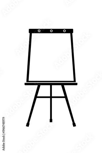 Black and white icon of a professional flip chart easel with a blank board, perfect for business meetings, office presentations, educational seminars, workshops, and collaborative brainstorming sessio