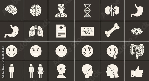 Medical Icons Set: Brain, Doctor, DNA, Organs, Emotions, Health Symbols