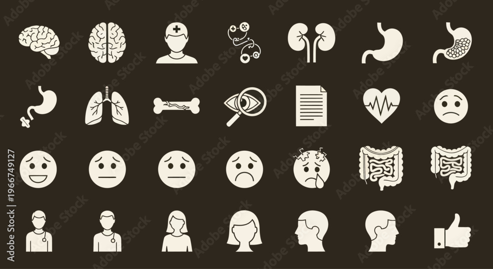 Fototapeta premium Medical Icons Set: Health, Anatomy, Emotions, and People Icons on Dark Background