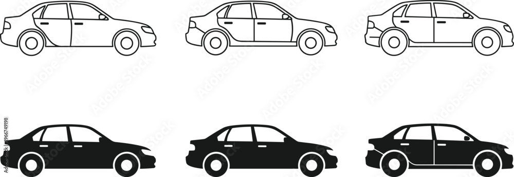 Obraz premium Sedan car vector icons set with side view black silhouettes and outline drawings isolated on white background for automotive design.