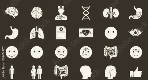 Medical Icons Set: Health, Anatomy, Emotions, and People - White on Dark Background
