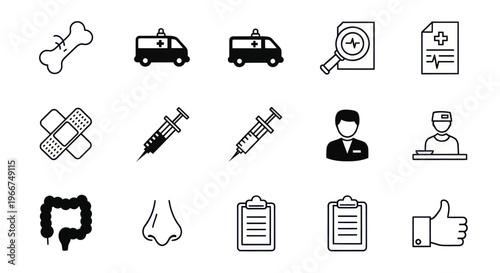 Medical Icons Set: Ambulance, Syringe, Doctor, Bone, Nose, Clipboard, Thumb Up