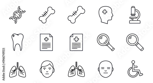 Medical Icons Set: DNA, Bone, Tooth, Lungs, Brain, Microscope, Health